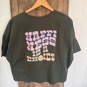 ARDENE Graphic Tee Dark Green Cropped with Happiness Print SZ XL